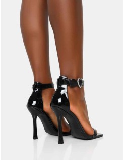 Elora Black Patent Barely There Diamante Heart Buckle Square Toe Stiletto Heels