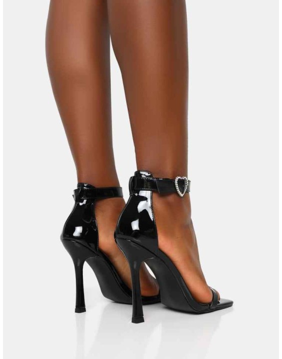 Elora Black Patent Barely There Diamante Heart Buckle Square Toe Stiletto Heels