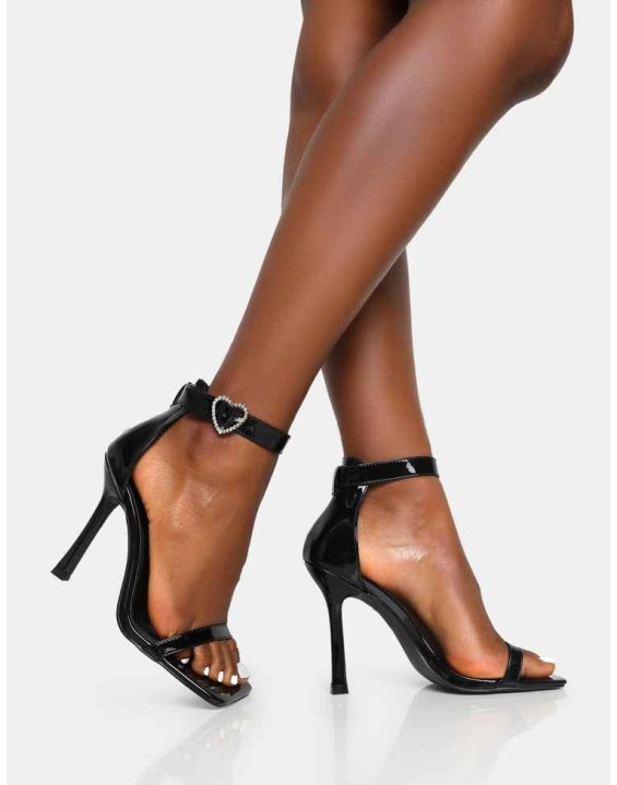 Elora Black Patent Barely There Diamante Heart Buckle Square Toe Stiletto Heels