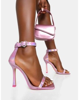 Elora Baby Pink Holographic Barely There Diamante Heart Buckle Square Toe Stiletto Heels