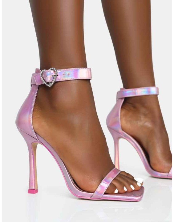 Elora Baby Pink Holographic Barely There Diamante Heart Buckle Square Toe Stiletto Heels