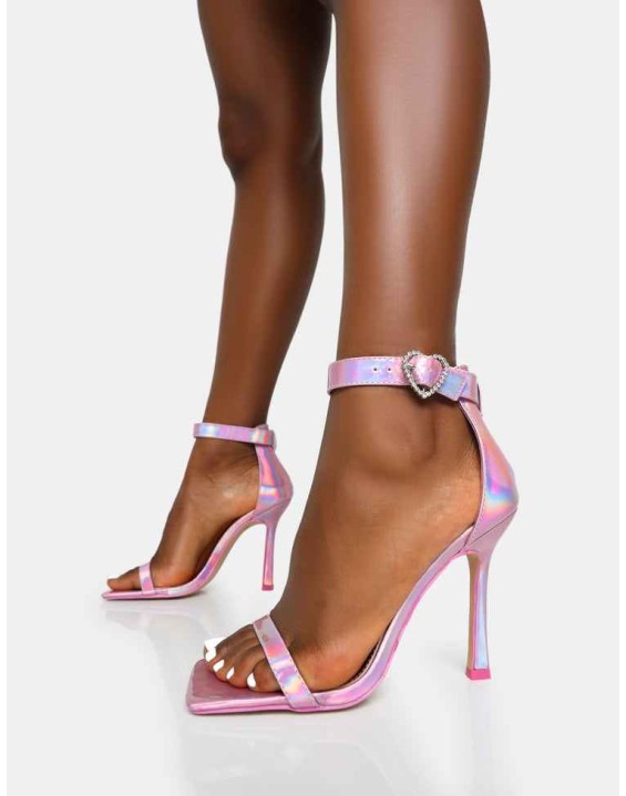 Elora Baby Pink Holographic Barely There Diamante Heart Buckle Square Toe Stiletto Heels