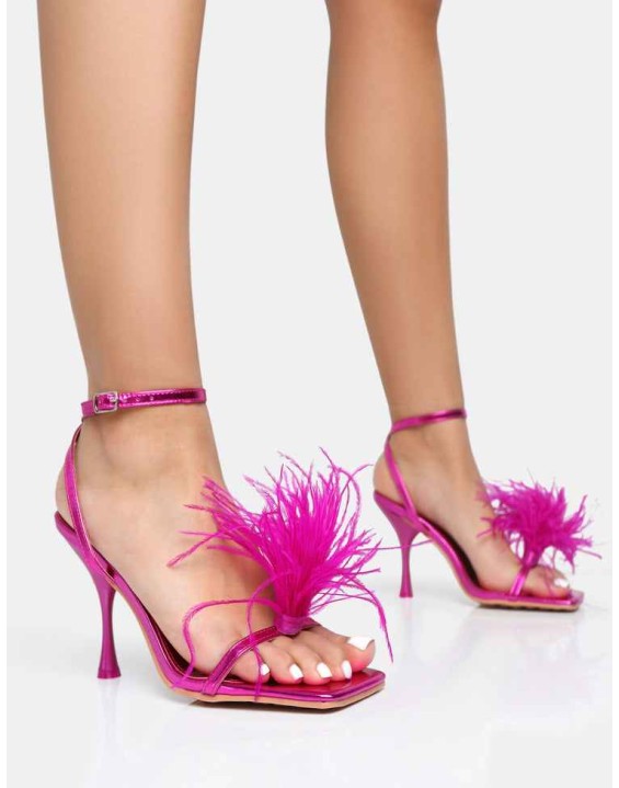 Prancy Hot Pink Metallic Pu Feather Detail Square Toe High Heels