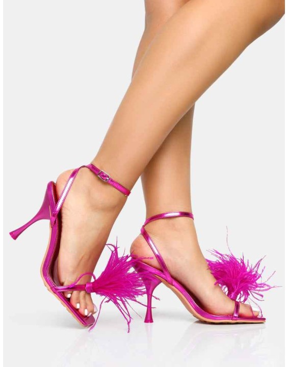 Prancy Hot Pink Metallic Pu Feather Detail Square Toe High Heels