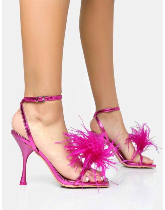 Prancy Hot Pink Metallic Pu Feather Detail Square Toe High Heels