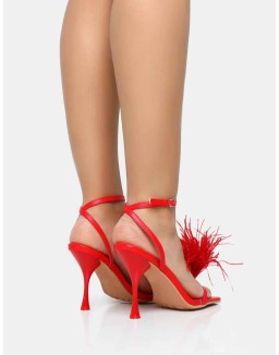 Prancy Red Pu Feather Detail Square Toe High Heels