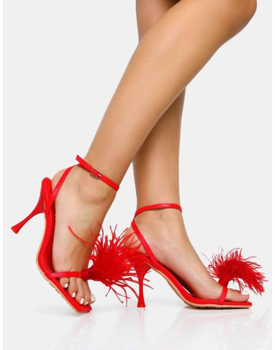 Prancy Red Pu Feather Detail Square Toe High Heels