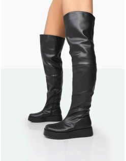 Erica Black Pu Chunky Platform Over The Knee Boots