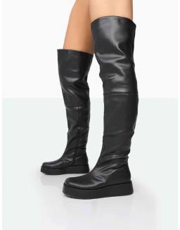 Erica Black Pu Chunky Platform Over The Knee Boots
