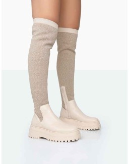 Happier Nude Boucle Knit Over The Knee Boots