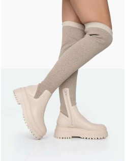Happier Nude Boucle Knit Over The Knee Boots