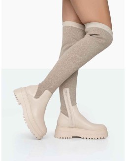Happier Nude Boucle Knit Over The Knee Boots