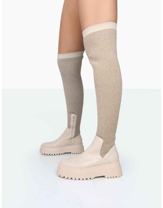 Happier Nude Boucle Knit Over The Knee Boots