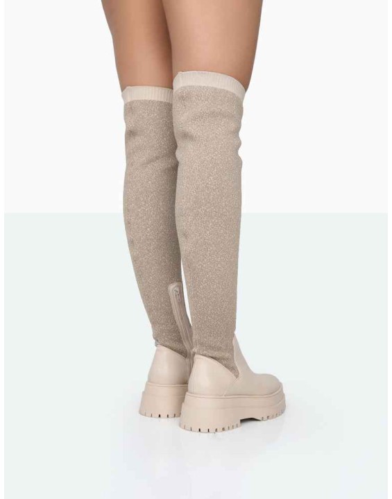 Happier Nude Boucle Knit Over The Knee Boots