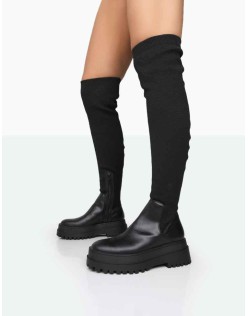 Happier Black Boucle Knit Over The Knee Boots