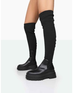 Happier Black Boucle Knit Over The Knee Boots