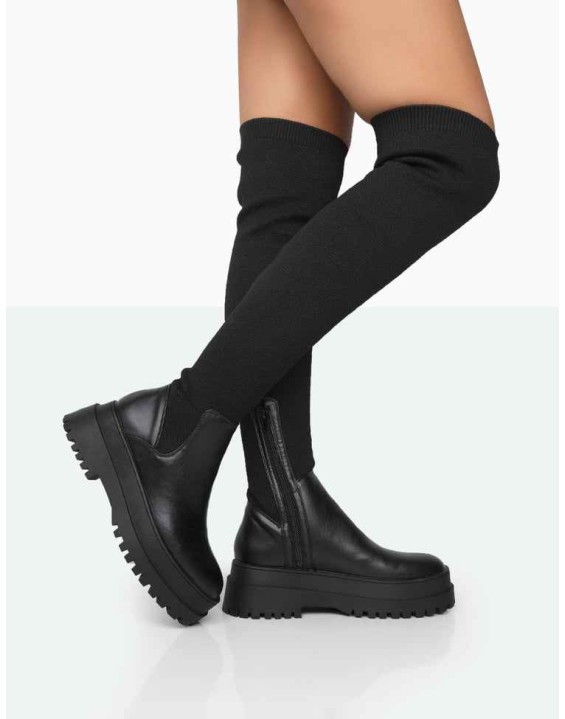 Happier Black Boucle Knit Over The Knee Boots