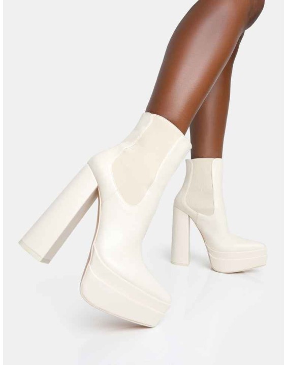 Cady Ecru Pu Platform Pointed Toe Block Heel Ankle Boots