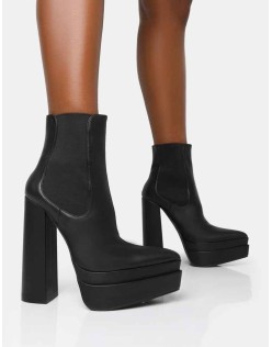 Cady Black Pu Platform Pointed Toe Block Heel Ankle Boots