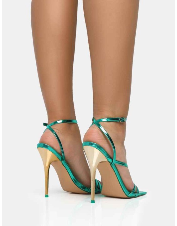 Fillipa Metallic Green Pu Strappy Square Toe Metal Stiletto Heels