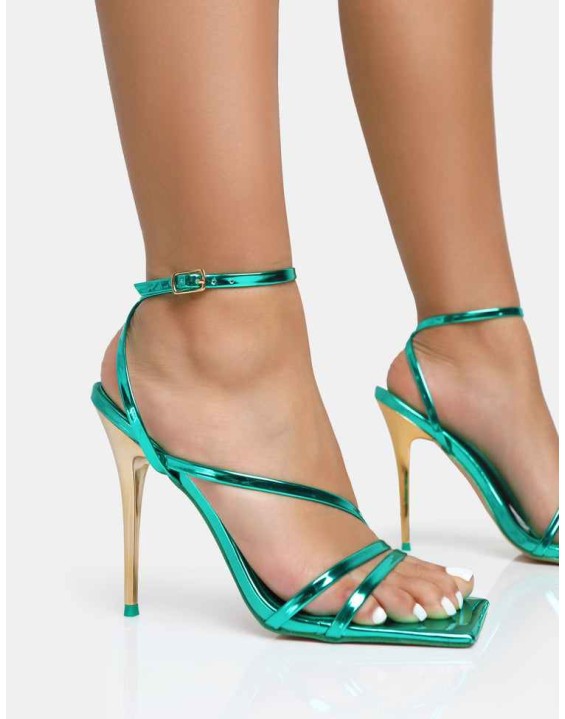 Fillipa Metallic Green Pu Strappy Square Toe Metal Stiletto Heels