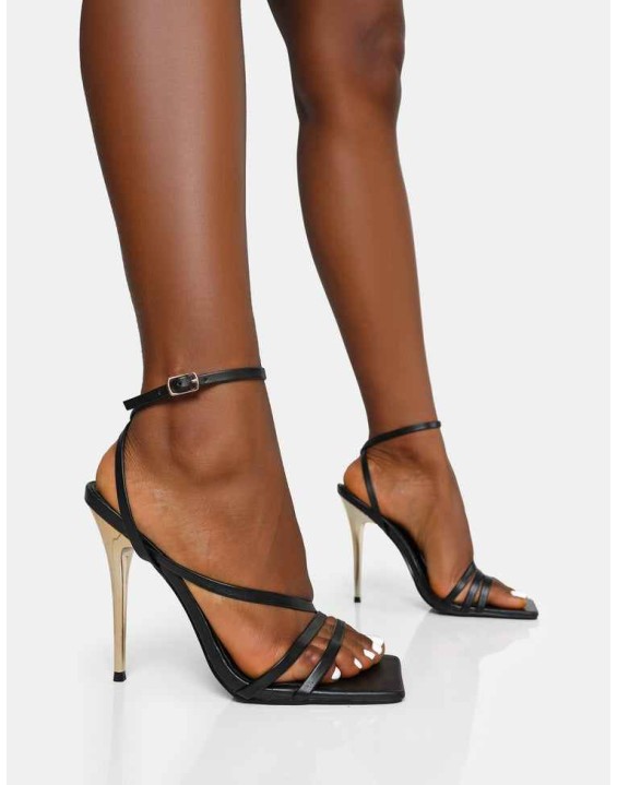 Fillipa Wide Fit Black Pu Strappy Square Toe Metal Stiletto Heels