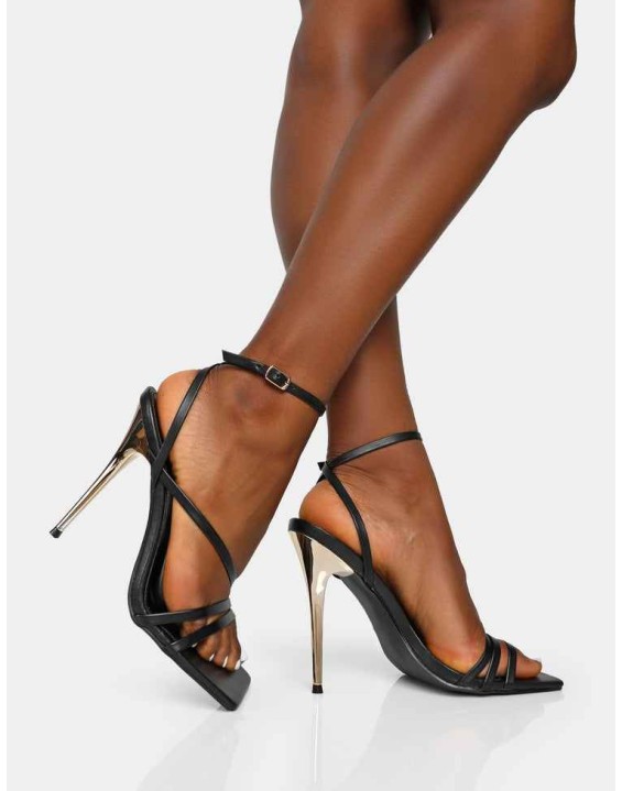 Fillipa Wide Fit Black Pu Strappy Square Toe Metal Stiletto Heels