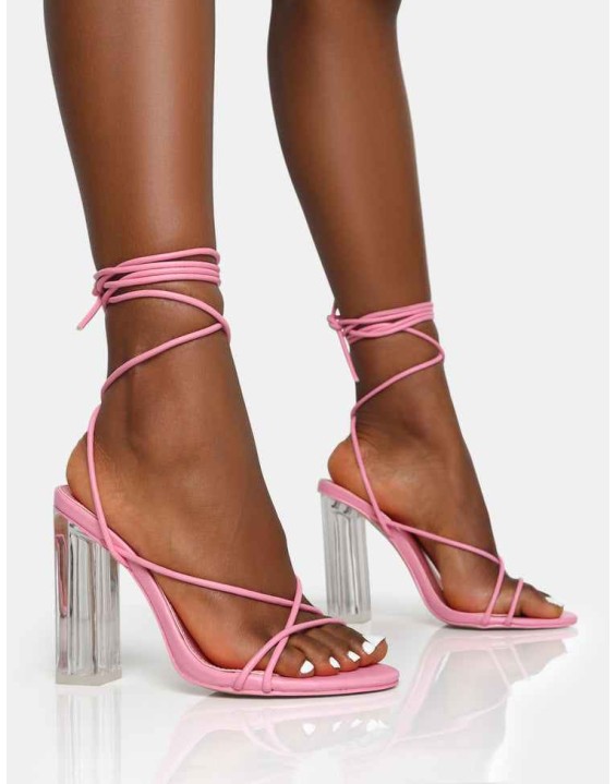 Clara Wide Fit Baby Pink Pu Strappy Lace Up Round Toe Clear Perspex Heels