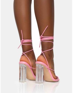 Clara Wide Fit Baby Pink Pu Strappy Lace Up Round Toe Clear Perspex Heels
