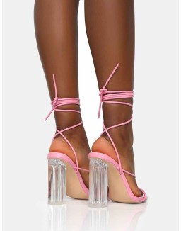 Clara Wide Fit Baby Pink Pu Strappy Lace Up Round Toe Clear Perspex Heels