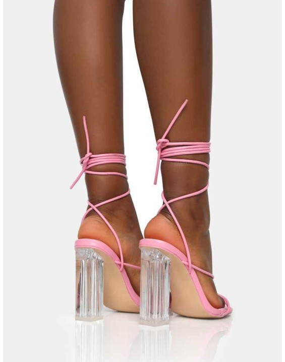 Clara Wide Fit Baby Pink Pu Strappy Lace Up Round Toe Clear Perspex Heels
