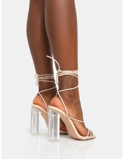 Clara Nude Pu Strappy Lace Up Round Toe Clear Perspex Heels