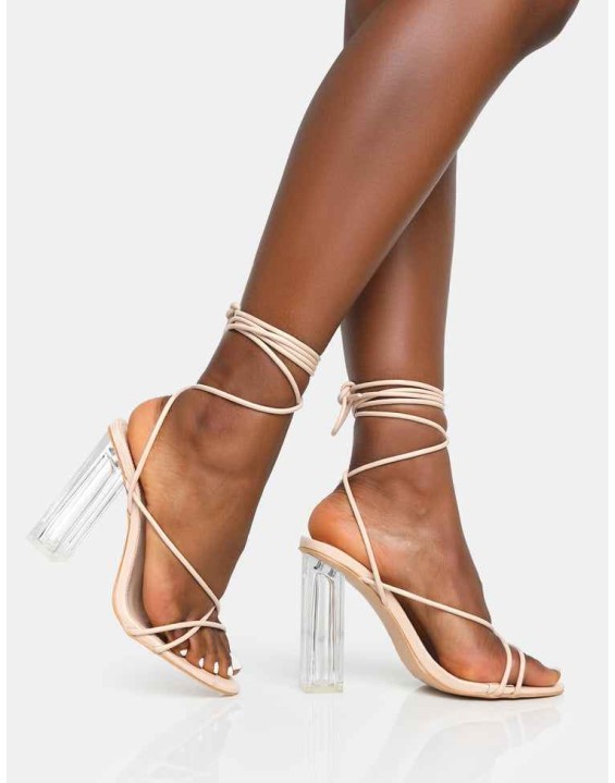 Clara Nude Pu Strappy Lace Up Round Toe Clear Perspex Heels