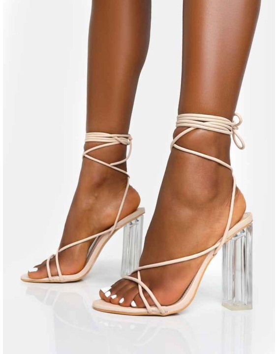 Clara Nude Pu Strappy Lace Up Round Toe Clear Perspex Heels