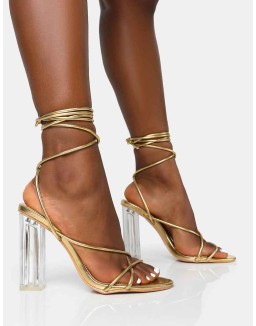 Clara Metallic Gold Pu Strappy Lace Up Round Toe Clear Perspex Heels