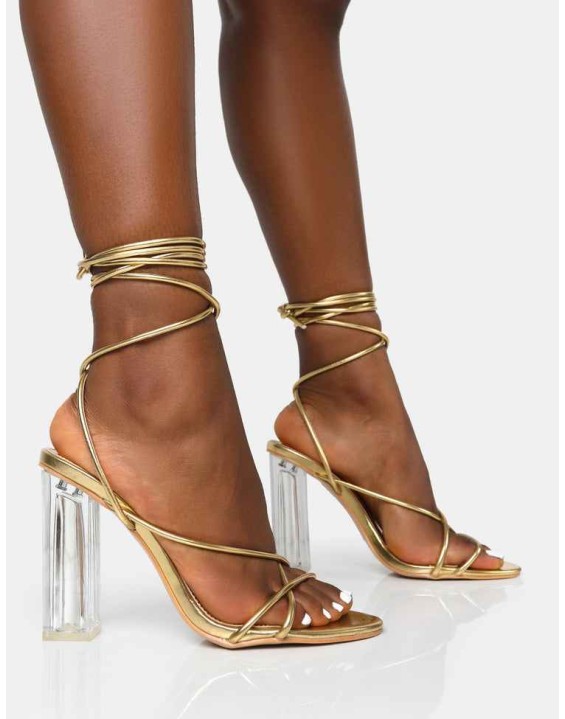 Clara Metallic Gold Pu Strappy Lace Up Round Toe Clear Perspex Heels
