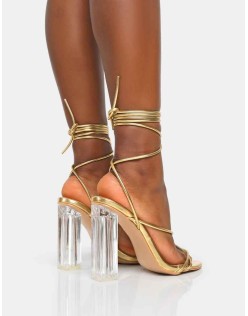 Clara Metallic Gold Pu Strappy Lace Up Round Toe Clear Perspex Heels