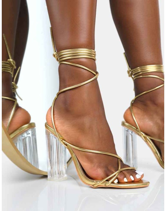 Clara Metallic Gold Pu Strappy Lace Up Round Toe Clear Perspex Heels