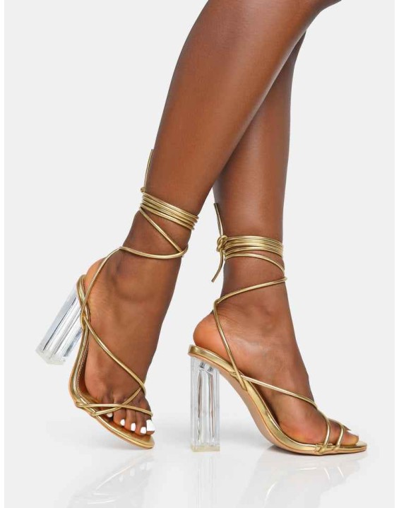 Clara Metallic Gold Pu Strappy Lace Up Round Toe Clear Perspex Heels