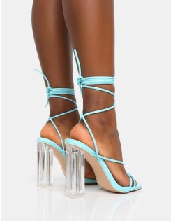 Clara Blue Pu Strappy Lace Up Round Toe Clear Perspex Heels