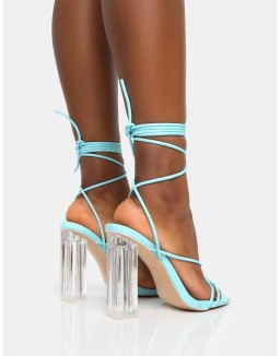 Clara Blue Pu Strappy Lace Up Round Toe Clear Perspex Heels