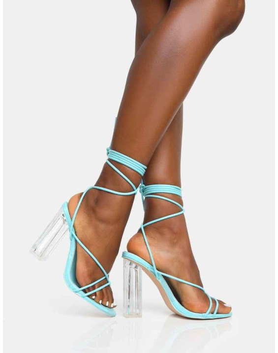 Clara Blue Pu Strappy Lace Up Round Toe Clear Perspex Heels