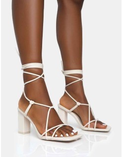 Noor Wide Fit Ecru Pu Lace Up Square Toe Mid Block Heels