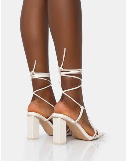 Noor Wide Fit Ecru Pu Lace Up Square Toe Mid Block Heels
