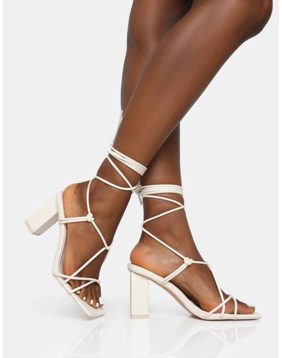 Noor Wide Fit Ecru Pu Lace Up Square Toe Mid Block Heels