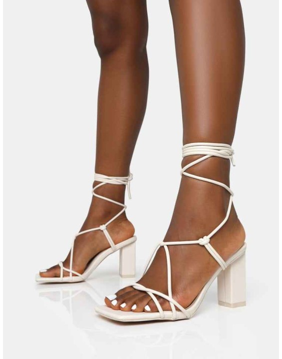 Noor Wide Fit Ecru Pu Lace Up Square Toe Mid Block Heels