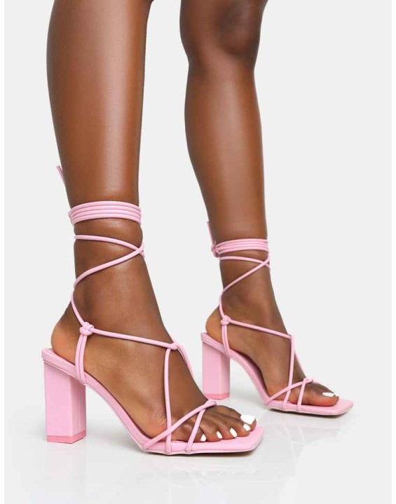 Noor Baby Pink Lace Up Square Toe Mid Block Heels