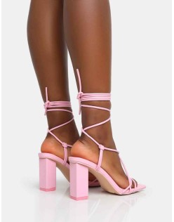 Noor Baby Pink Lace Up Square Toe Mid Block Heels