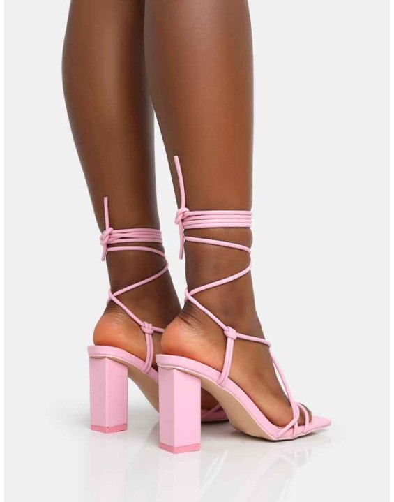 Noor Baby Pink Lace Up Square Toe Mid Block Heels