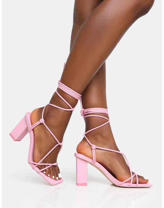 Noor Baby Pink Lace Up Square Toe Mid Block Heels
